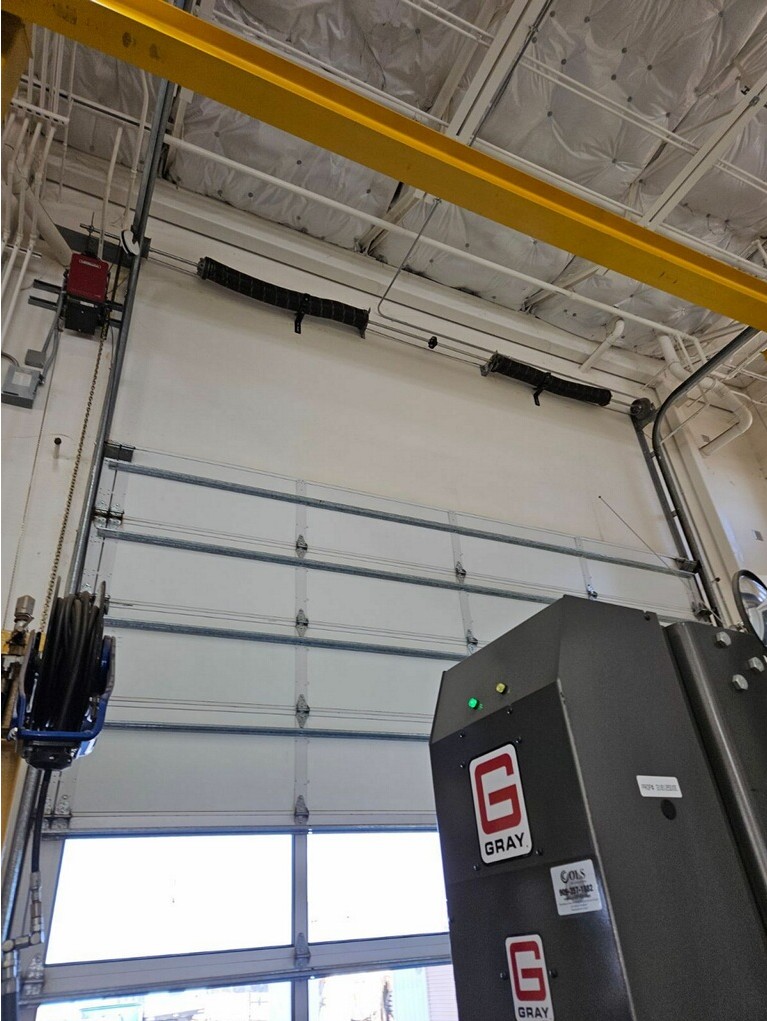Commercial overhead door operator, strap lift drum, and electrical control boxes